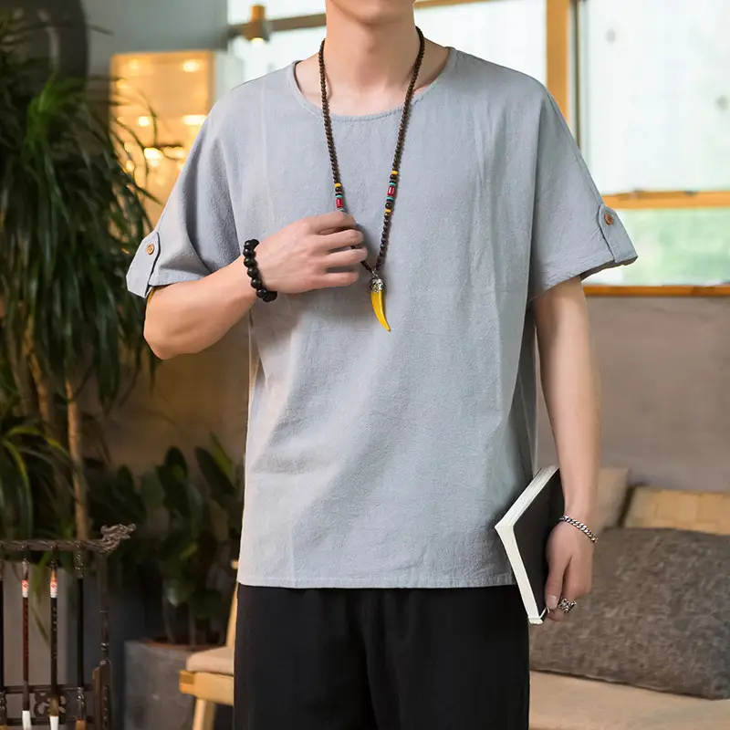 Men Casual T-Shirt Cotton Linen Round Neck Short Sleeve