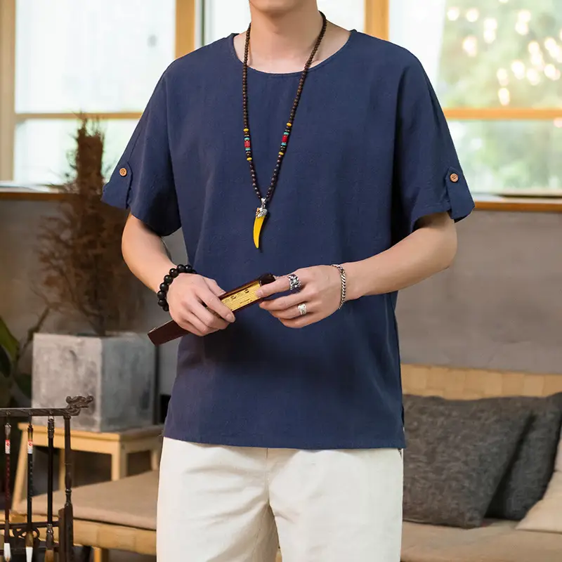 Men Casual T-Shirt Cotton Linen Round Neck Short Sleeve