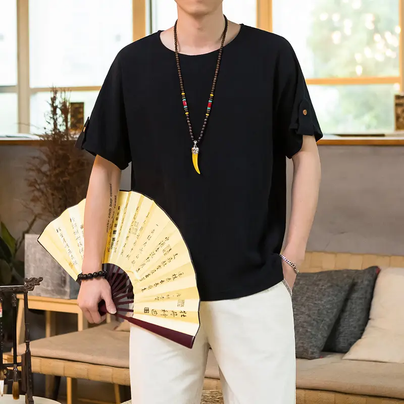 Men Casual T-Shirt Cotton Linen Round Neck Short Sleeve