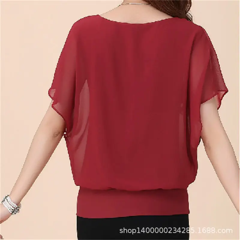 Black Chiffon Short Sleeve T-Shirt for Women
