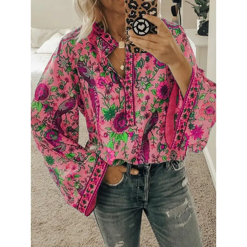 Peacock Print Button Long Sleeve Shirt Blue Floral - Image 8