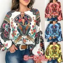 Peacock Print Button Long Sleeve Shirt Blue Floral — feature 63