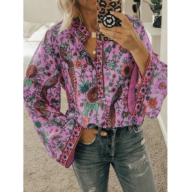 Peacock Print Button Long Sleeve Shirt Blue Floral - Image 3