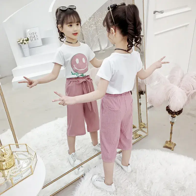 Korean Style Girls Short Sleeve Cropped Pants Suit - Image 3