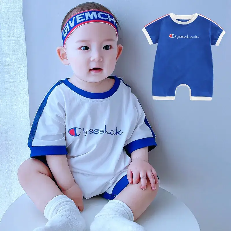 New Baby Short Sleeve Jumpsuit White Blue Crotch Climbing Suit