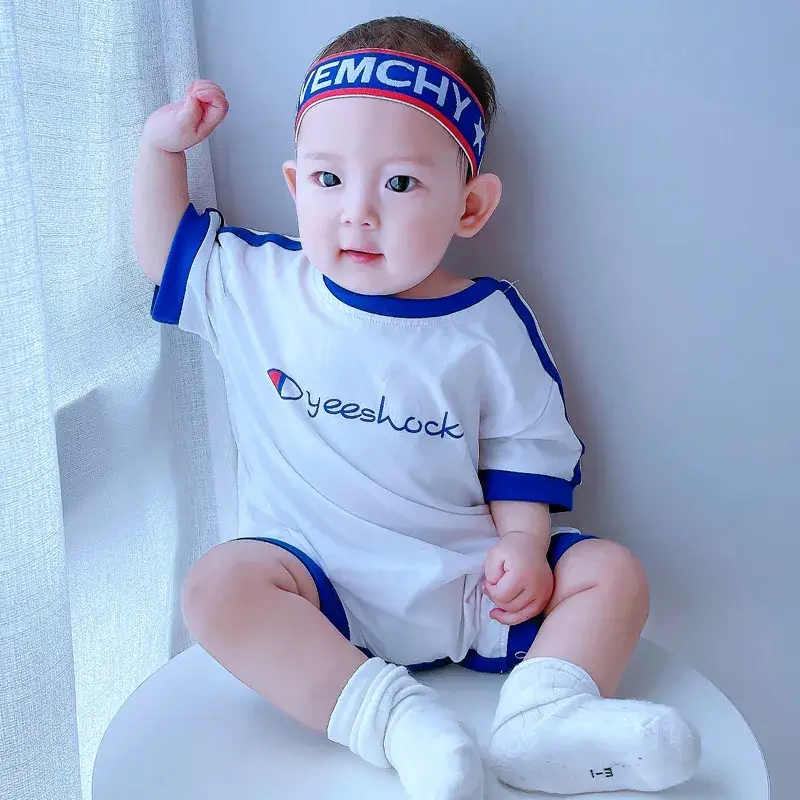 New Baby Short Sleeve Jumpsuit White Blue Crotch Climbing Suit