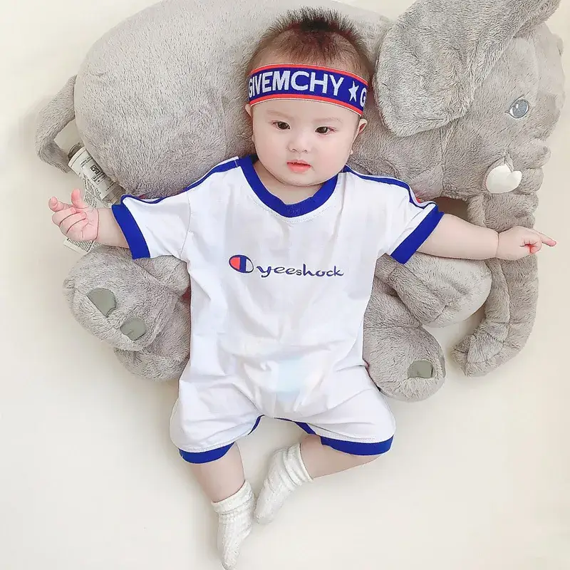 New Baby Short Sleeve Jumpsuit White Blue Crotch Climbing Suit