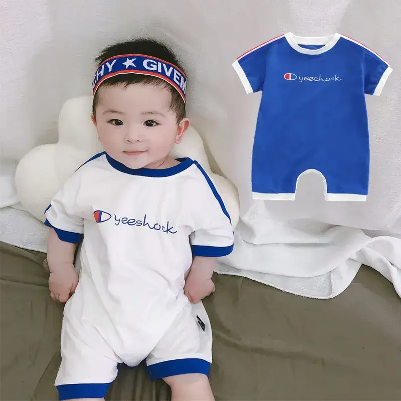 New Baby Short Sleeve Jumpsuit White Blue Crotch Climbing Suit