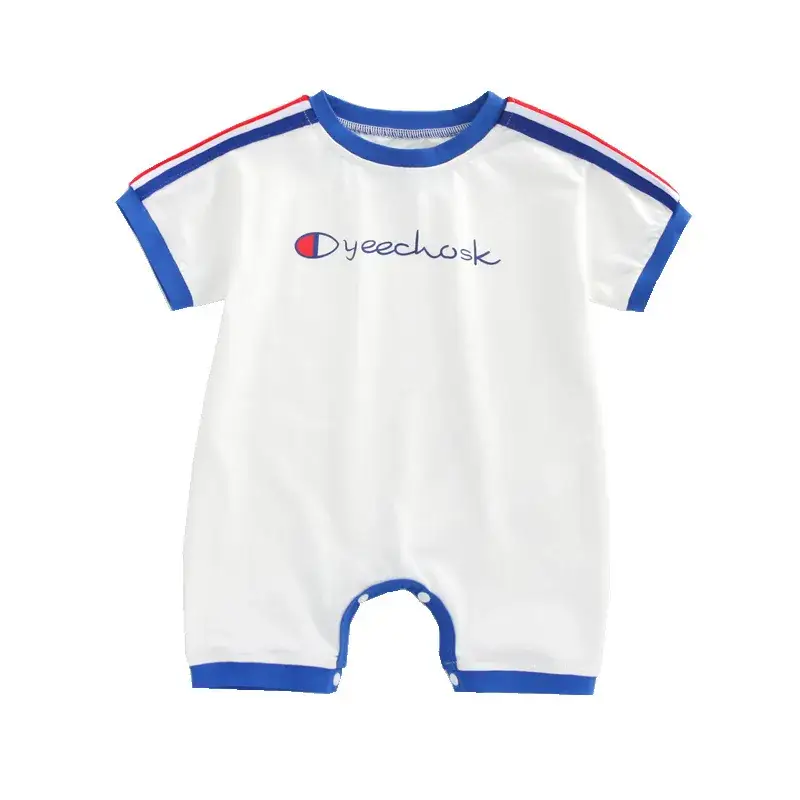 New Baby Short Sleeve Jumpsuit White Blue Crotch Climbing Suit