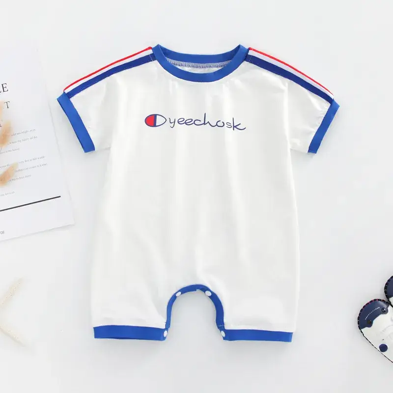 New Baby Short Sleeve Jumpsuit White Blue Crotch Climbing Suit