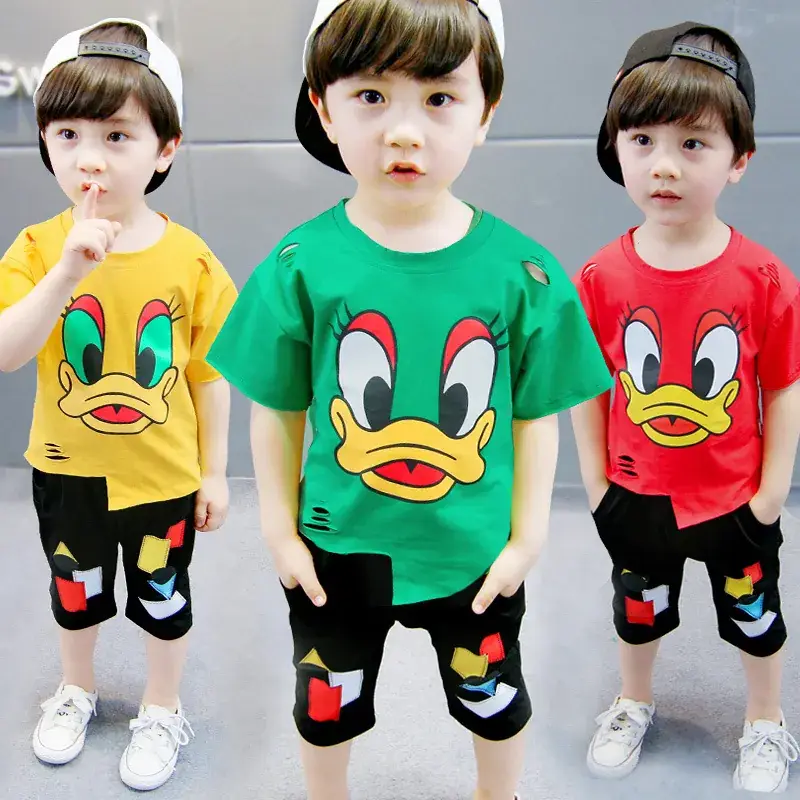 Kids Cartoon Short Sleeve T-Shirt Shorts Set Red Green Yellow - Image 3