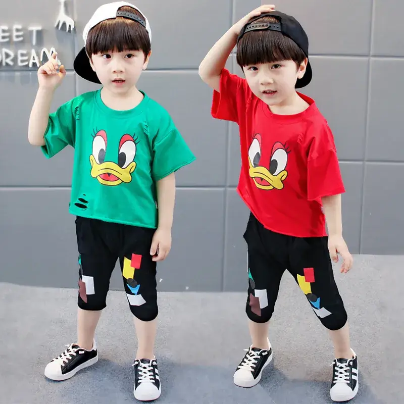 Kids Cartoon Short Sleeve T-Shirt Shorts Set Red Green Yellow - Image 4
