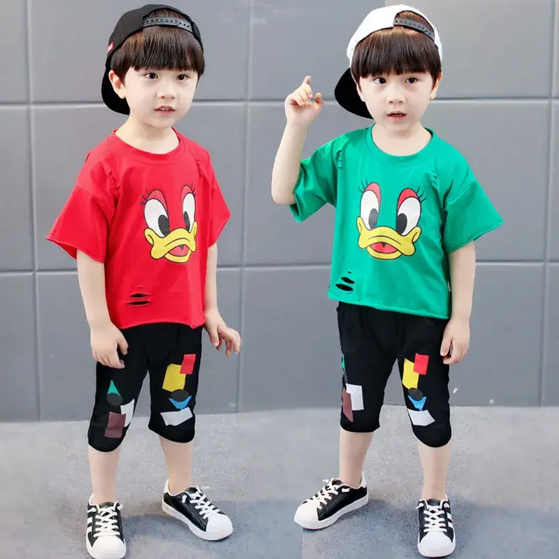 Kids Cartoon Short Sleeve T-Shirt Shorts Set Red Green Yellow - Image 5