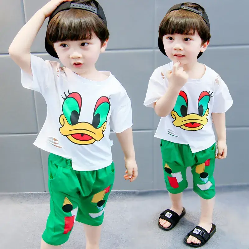 Kids Cartoon Short Sleeve T-Shirt Shorts Set Red Green Yellow - Image 2