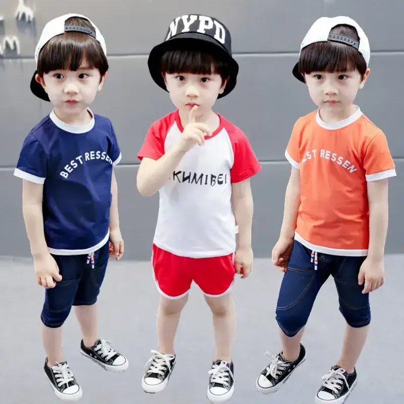 New Korean-style Boys T-shirt Shorts Set Orange Blue