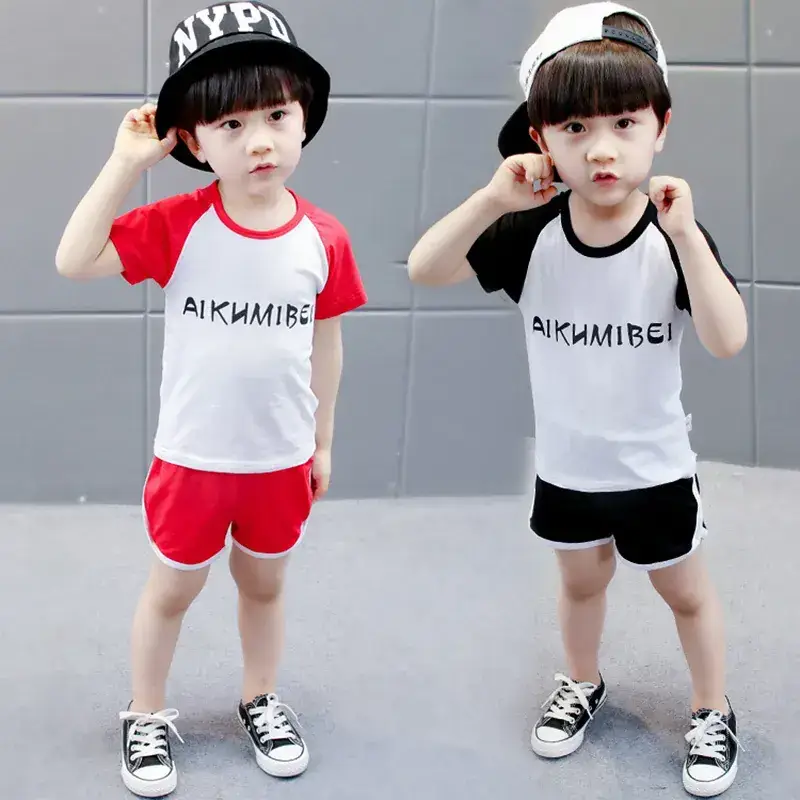 New Korean-style Boys T-shirt Shorts Set Orange Blue