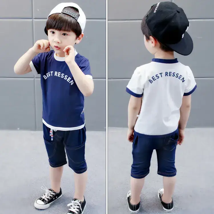New Korean-style Boys T-shirt Shorts Set Orange Blue