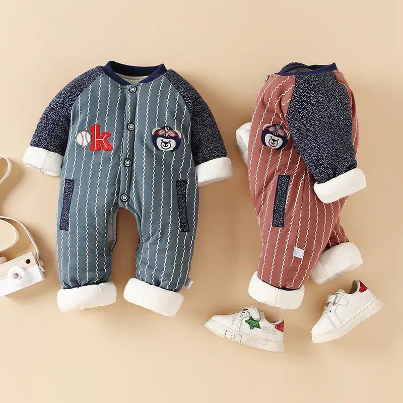 Baby Cotton Outfit Red Striped Warm Climbing Set - Image 10