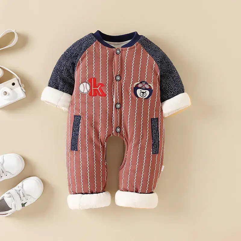 Baby Cotton Outfit Red Striped Warm Climbing Set - Image 4