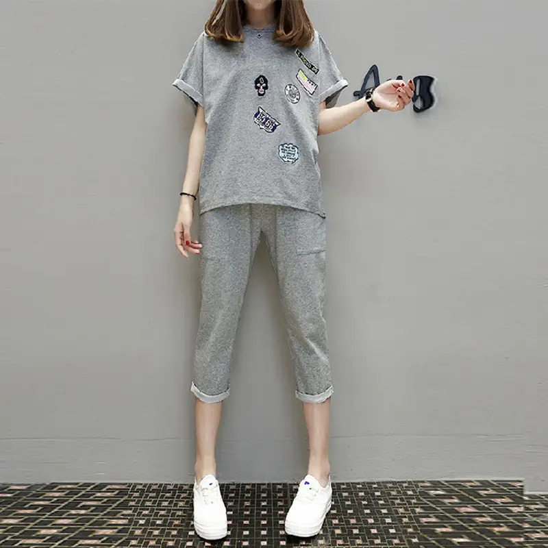 Women Grey 2-Piece Casual Suit Plus Size Cropped Pants - Image 5