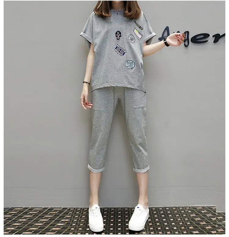 Women Grey 2-Piece Casual Suit Plus Size Cropped Pants — feature 11