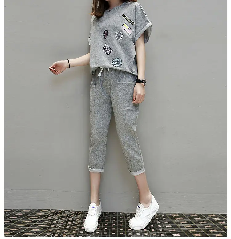 Women Grey 2-Piece Casual Suit Plus Size Cropped Pants — feature 12