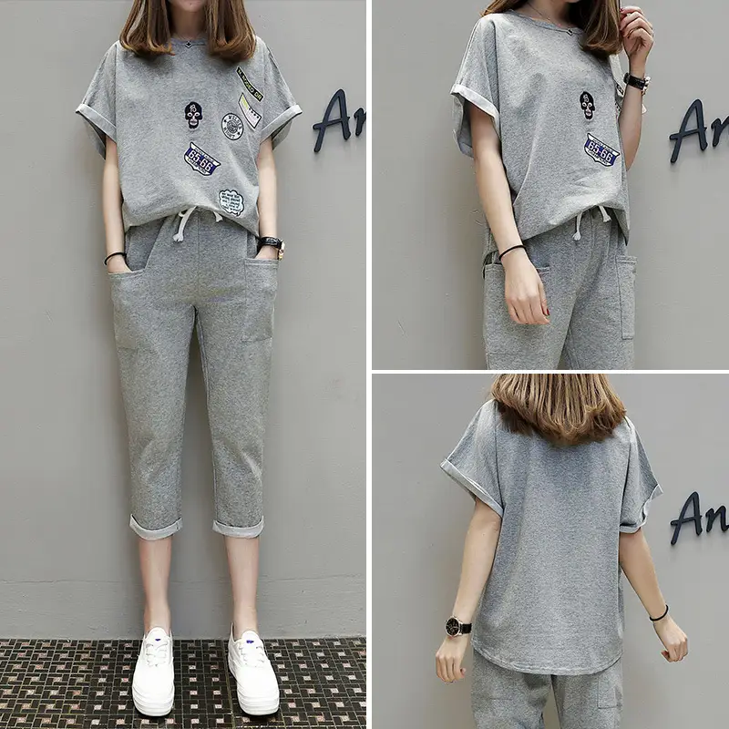 Women Grey 2-Piece Casual Suit Plus Size Cropped Pants — feature 3