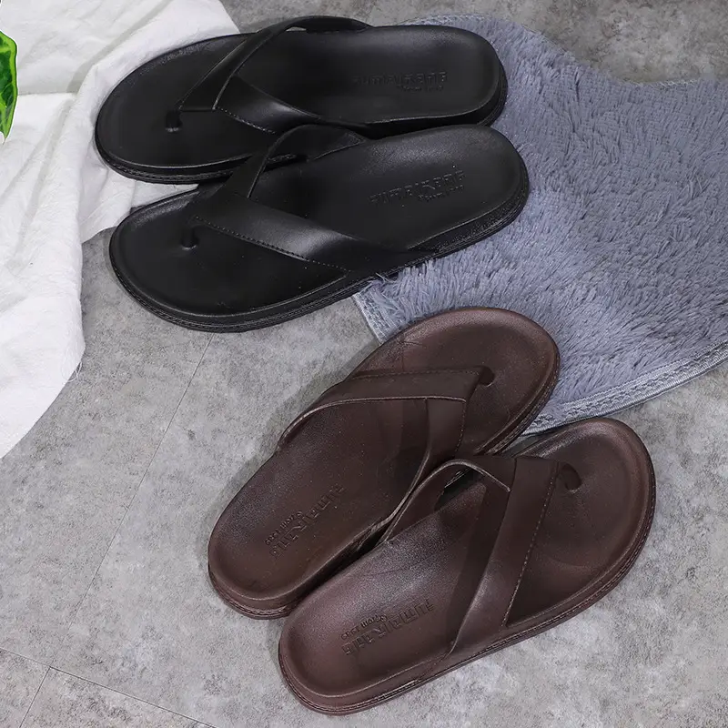 Men's Black Leather Flip Flops Summer Slippers