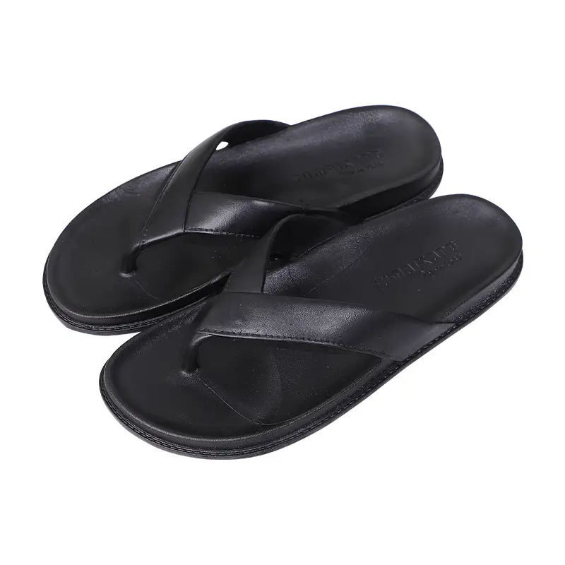 Men's Black Leather Flip Flops Summer Slippers