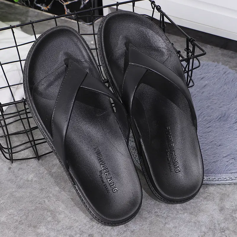 Men's Black Leather Flip Flops Summer Slippers
