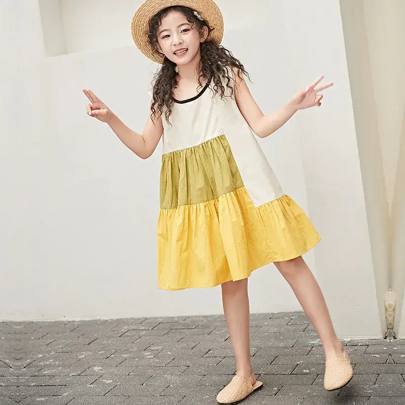 Girls Sleeveless Dress Yellow Green Summer Korean Style