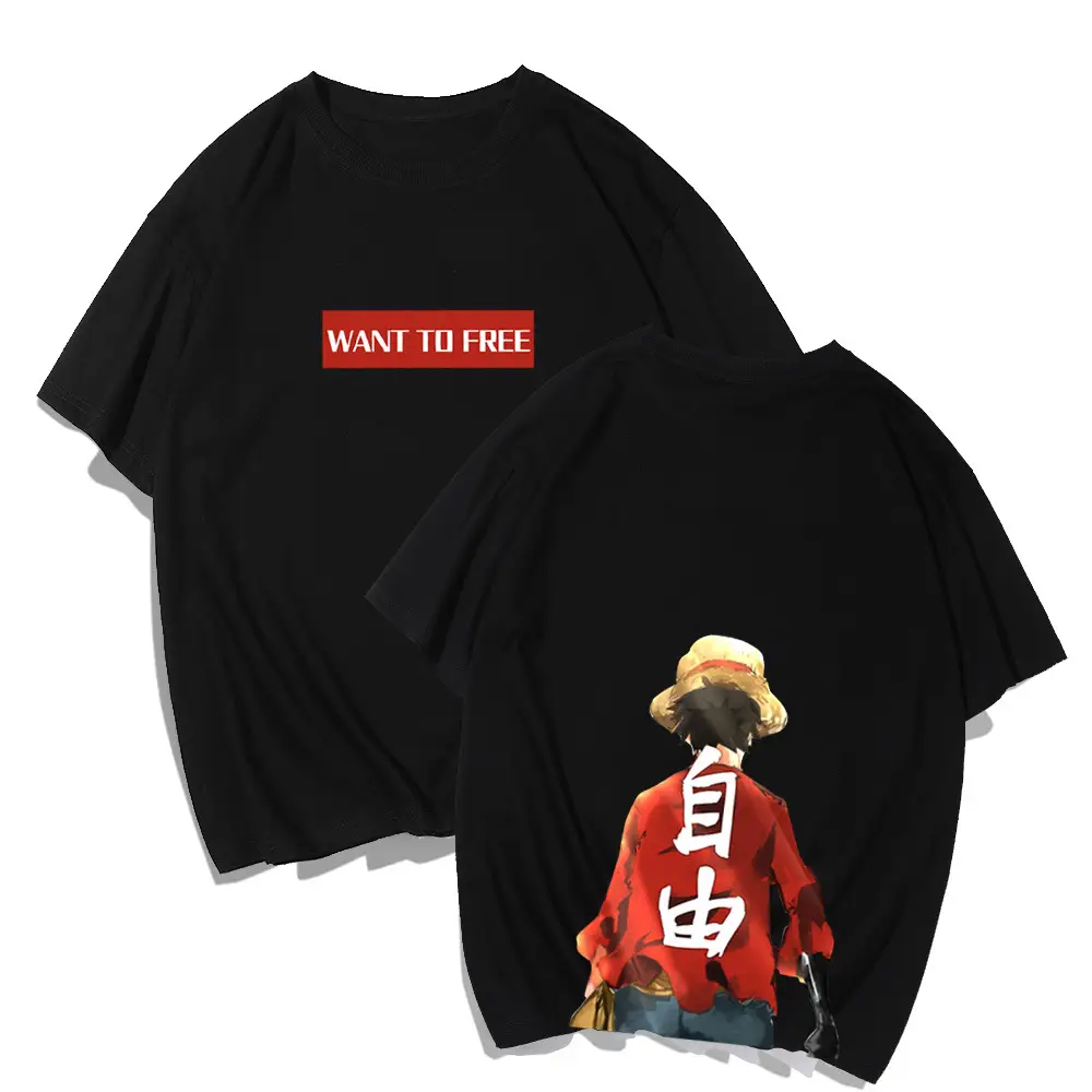 Men Cartoon Luffy T-Shirt Black Loose Summer Wear - Image 11