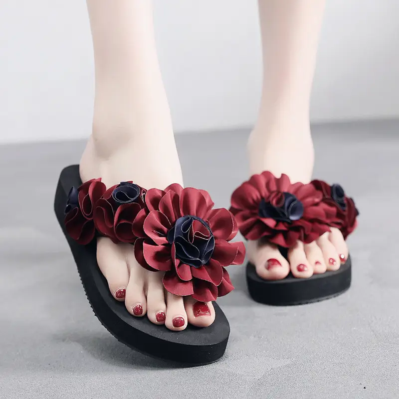 Summer Non-Slip Fashionable Outerwear 3cm Flower Flip Flops Slippers Wedge Heel Women Seaside Holiday Beach Slippers