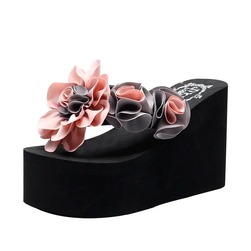 Summer Non-Slip Fashionable Outerwear 3cm Flower Flip Flops Slippers Wedge Heel Women Seaside Holiday Beach Slippers