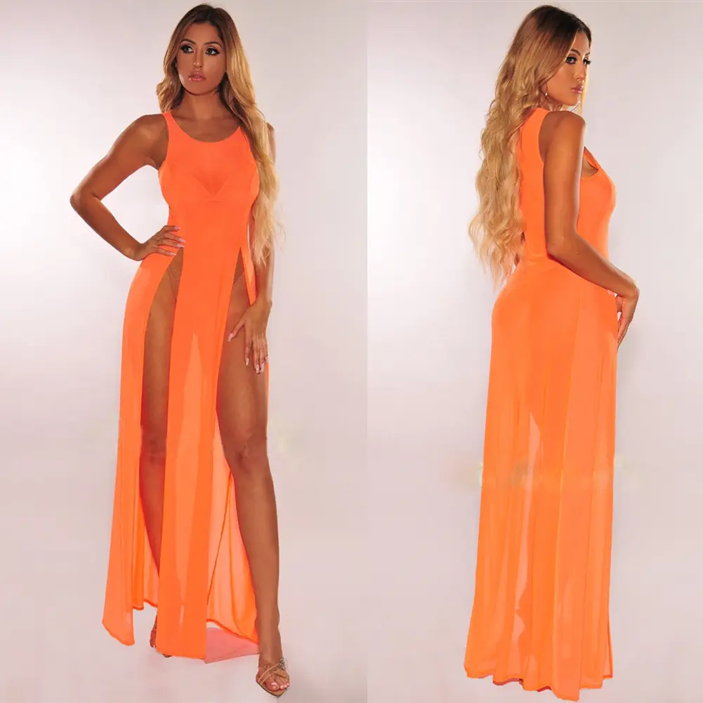 Orange Mesh Split Swimsuit with High Slit - Image 6