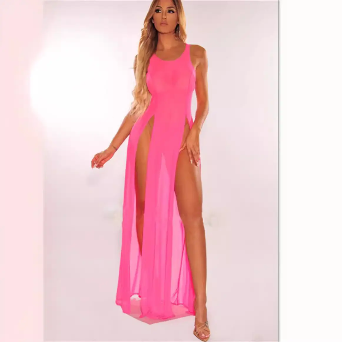 Orange Mesh Split Swimsuit with High Slit - Image 7