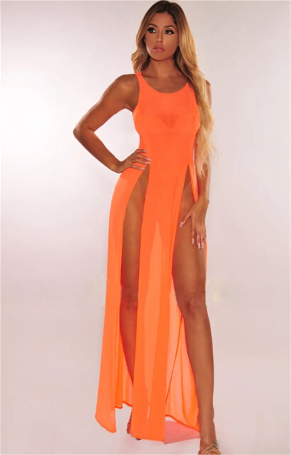 Orange Mesh Split Swimsuit with High Slit — feature 13