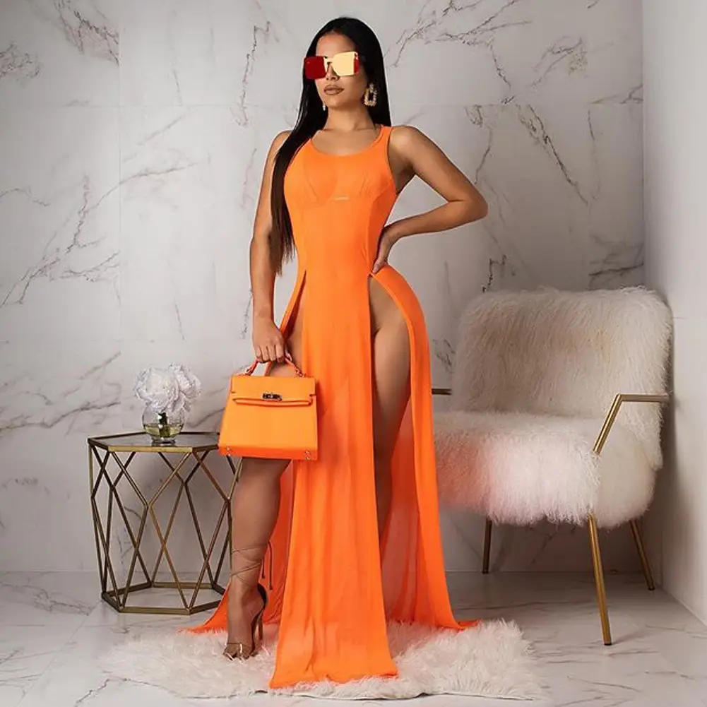 Orange Mesh Split Swimsuit with High Slit — feature 8