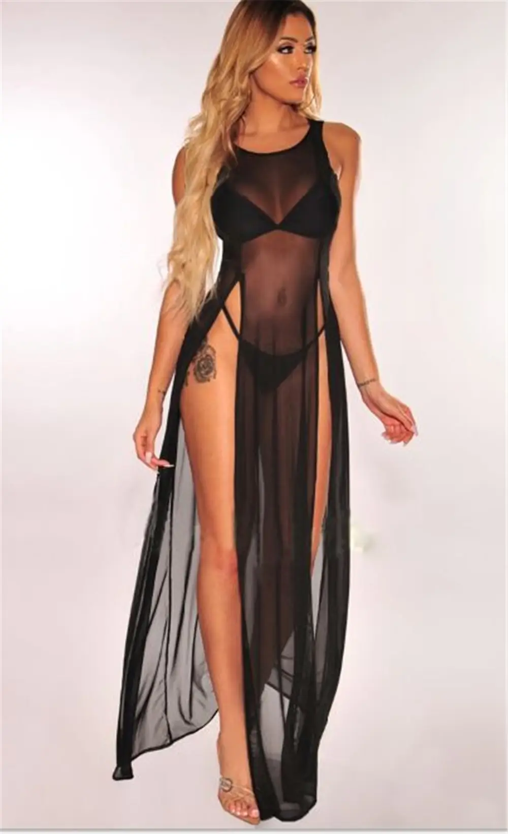 Orange Mesh Split Swimsuit with High Slit - Image 2