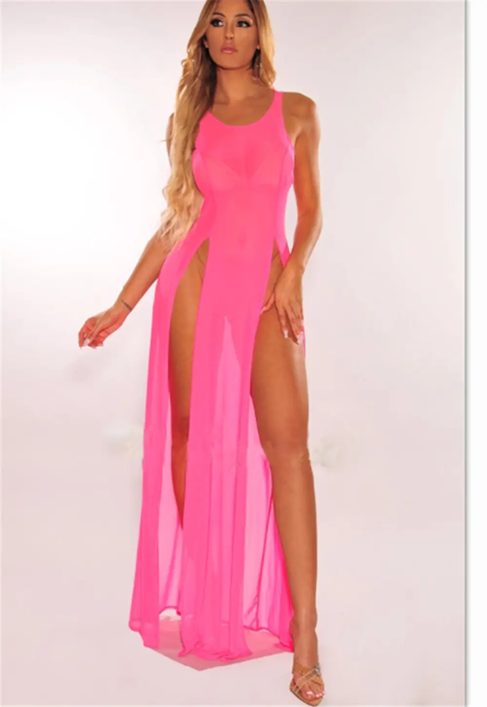 Orange Mesh Split Swimsuit with High Slit - Image 3