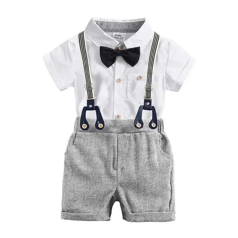 2025 Boys Summer Suit White Bow Tie Overalls Set - Image 4