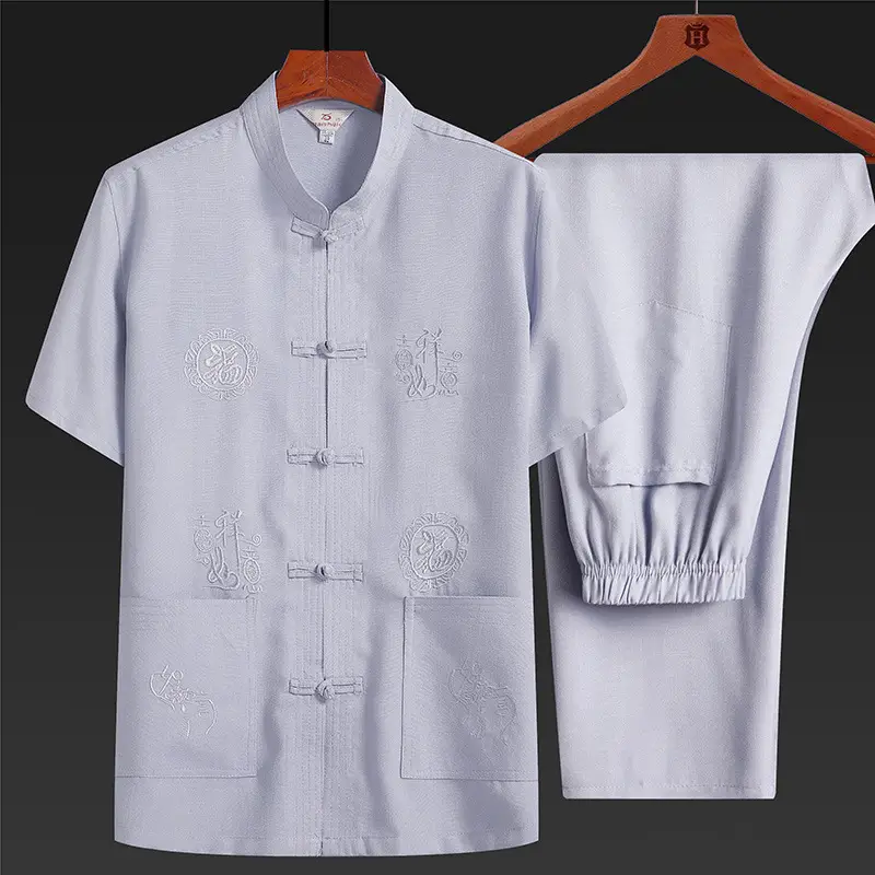 Men's Light Blue Linen Tang Suit Summer - Image 2