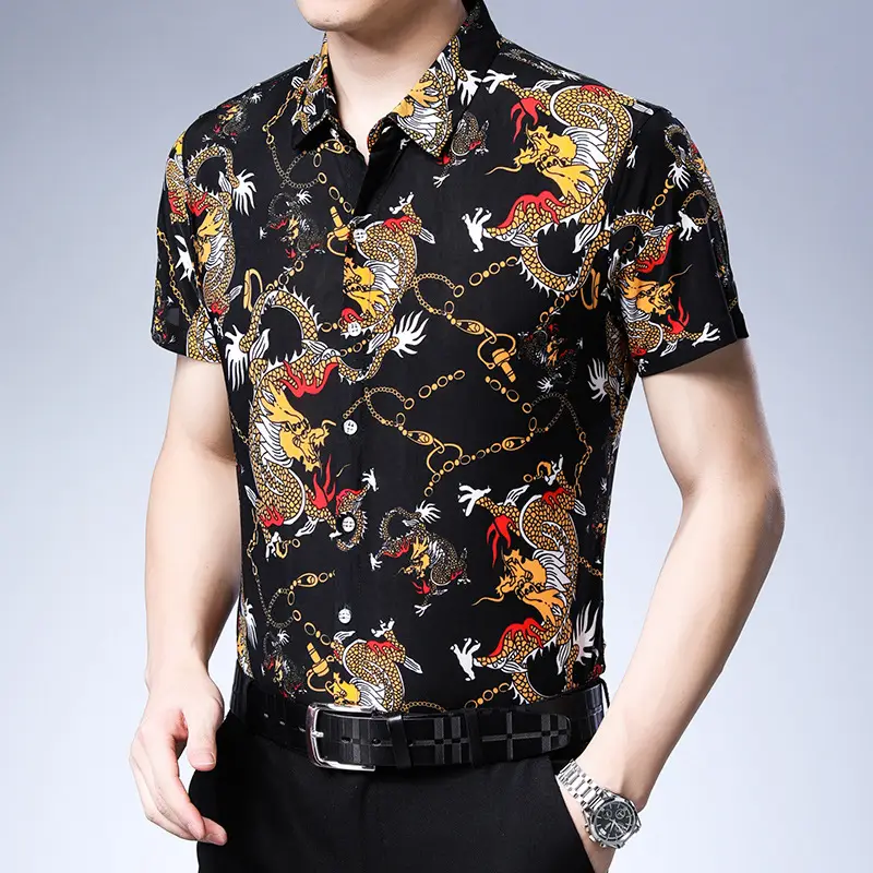 Beach Dragon Print Shirt for Men Black Short Sleeve - Image 7