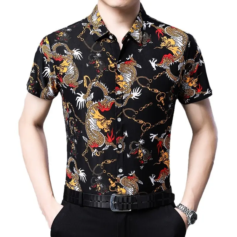 Beach Dragon Print Shirt for Men Black Short Sleeve - Image 9