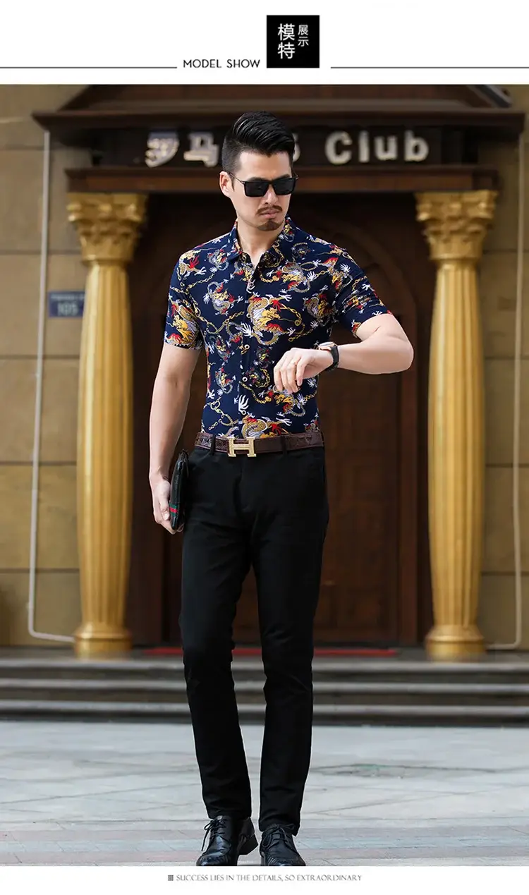 Beach Dragon Print Shirt for Men Black Short Sleeve — feature 13
