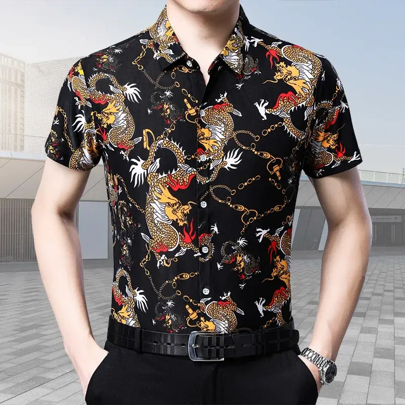 Beach Dragon Print Shirt for Men Black Short Sleeve — feature 2
