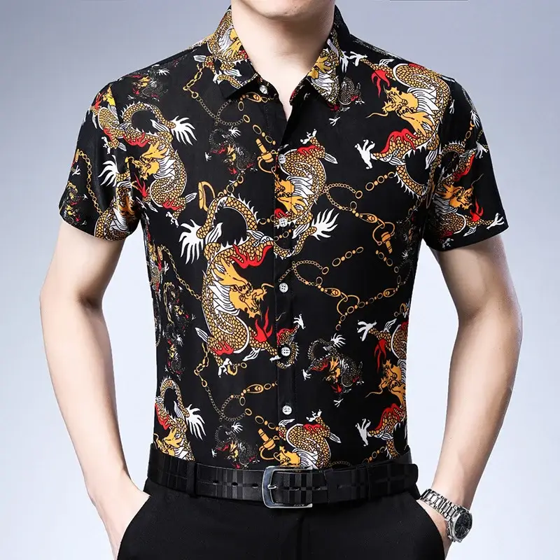 Beach Dragon Print Shirt for Men Black Short Sleeve — feature 3