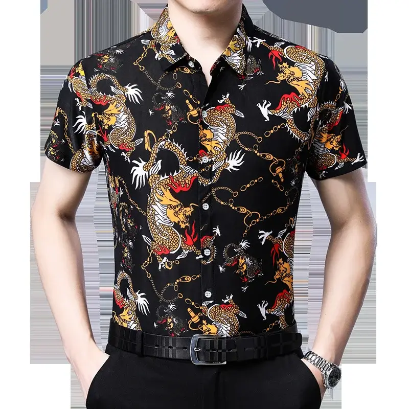 Beach Dragon Print Shirt for Men Black Short Sleeve — feature 4