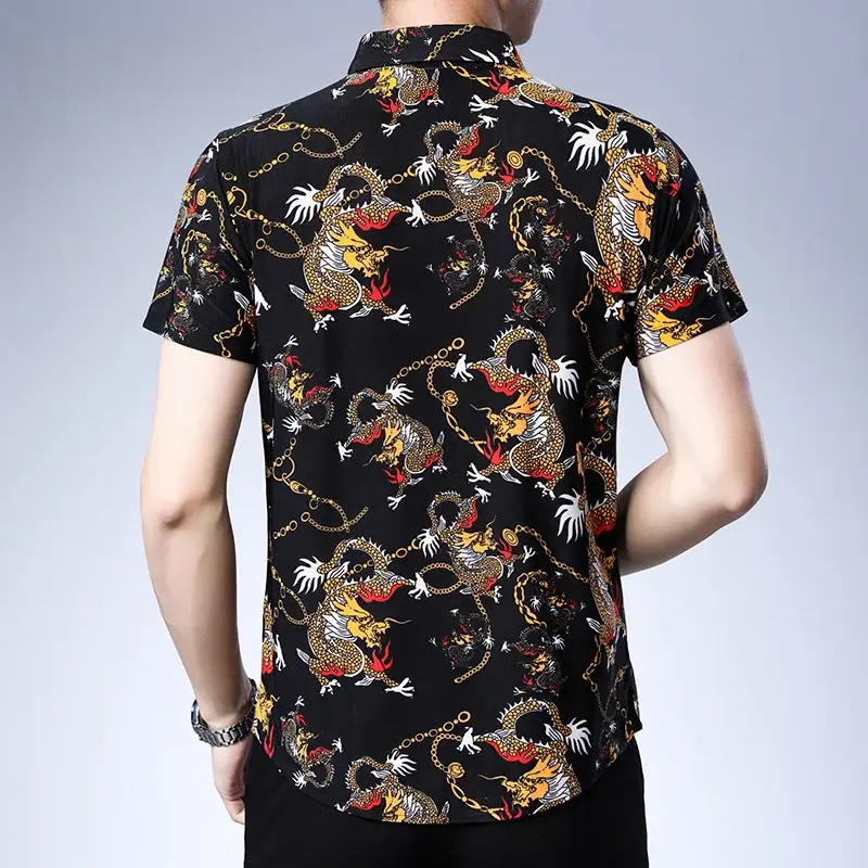 Beach Dragon Print Shirt for Men Black Short Sleeve — feature 5