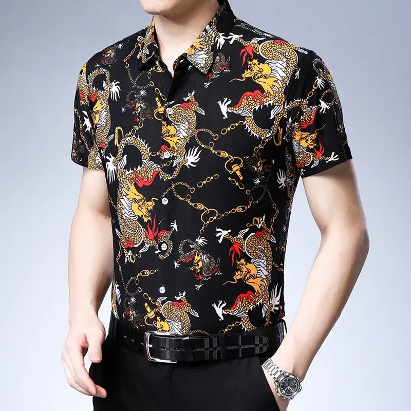 Beach Dragon Print Shirt for Men Black Short Sleeve — feature 6